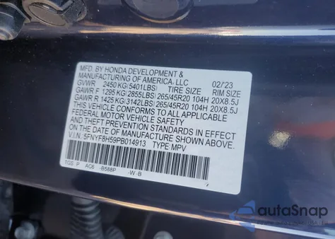 2023 Honda Passport Awd Ex-L from USA, damaged, VIN 5FNYF8H59PB014913